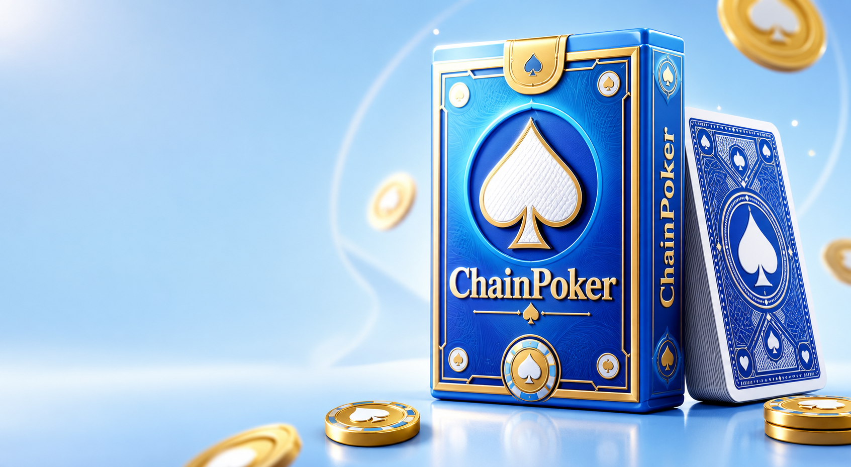 ChainPoker blue and gold playing card box with matching cards